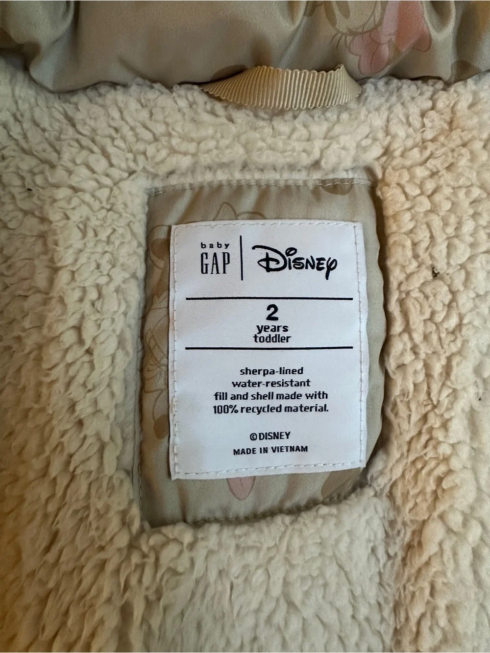 EUC Baby Gap×Disney Toddler Girl Sherpa Lined Puffer Jacket, Vintage Minnie, 2T